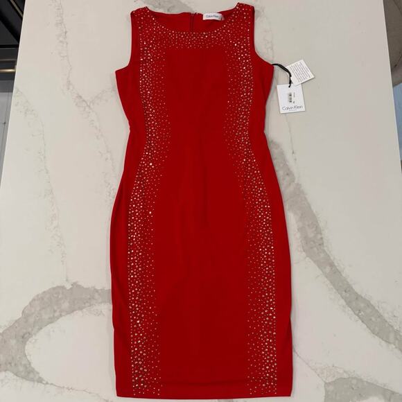 Calvin Klein NWT Silver Studded Panel Stretch Sheath Dress Women's 4 Red Formal - Picture 1 of 9